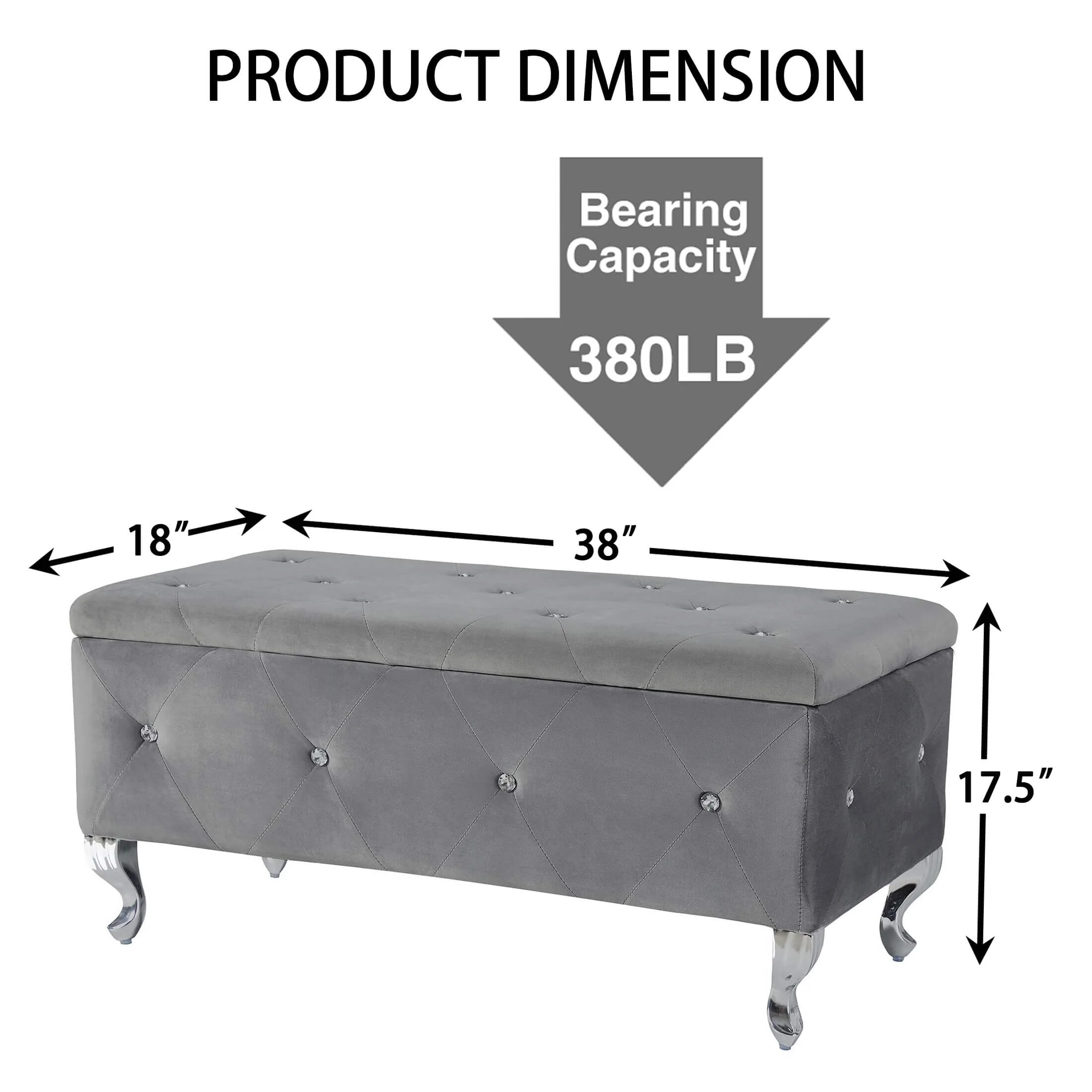 Gray Velvet Upholstered Flip-Top Storage Bench with Crystal Buttons for Bedroom, Living Room, Entryway