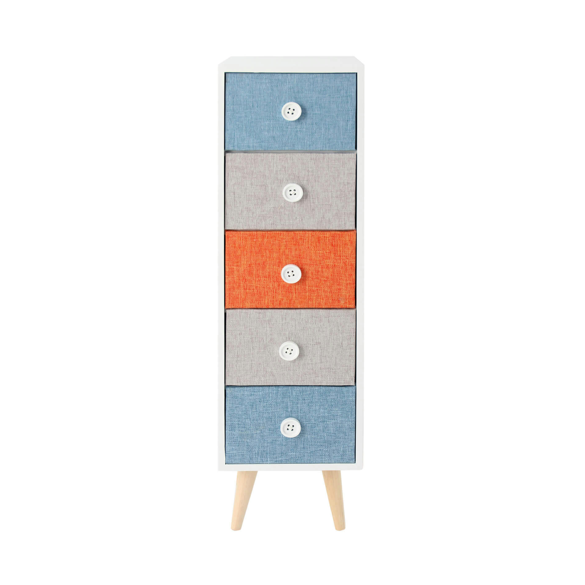 - Chiffonnier boutons avec 5 tiroirs en MDF et  tissu blanche et coloré