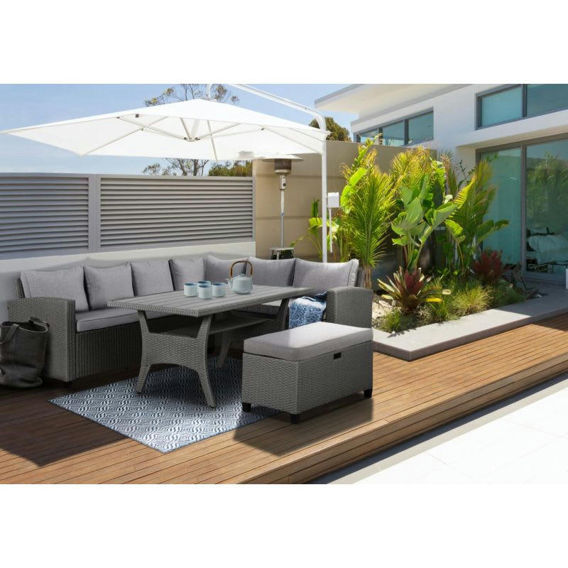 MELROSE - Salon de jardin en résine tressée 7 places coussins gris