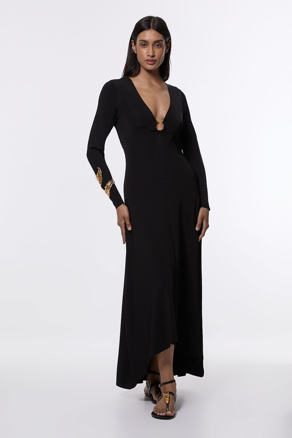 KarenMillen Slinky V Neck Knitted Dress With Hardware Keyring Detail