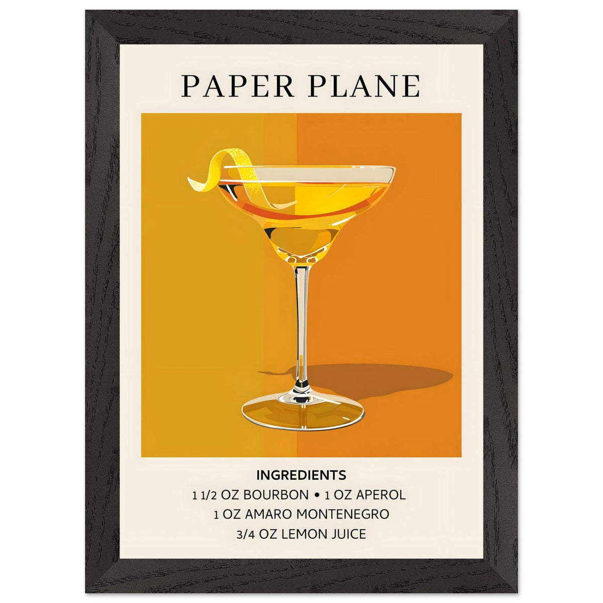 Artfulprints Poster met Lijst Paper Plane cocktail - Ingredients  - A4 21x29.7 cm - Oranje