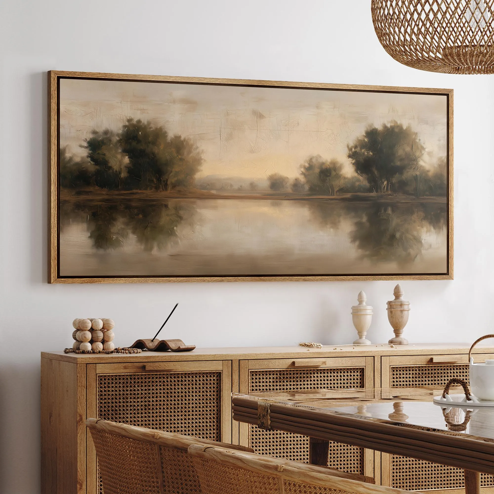 Large Framed Neutral Landscape Wall Art, Soft Brown Lake Reflection Canvas Print, Serene Misty Forest Artwork, Rustic Minimal Nature Decor