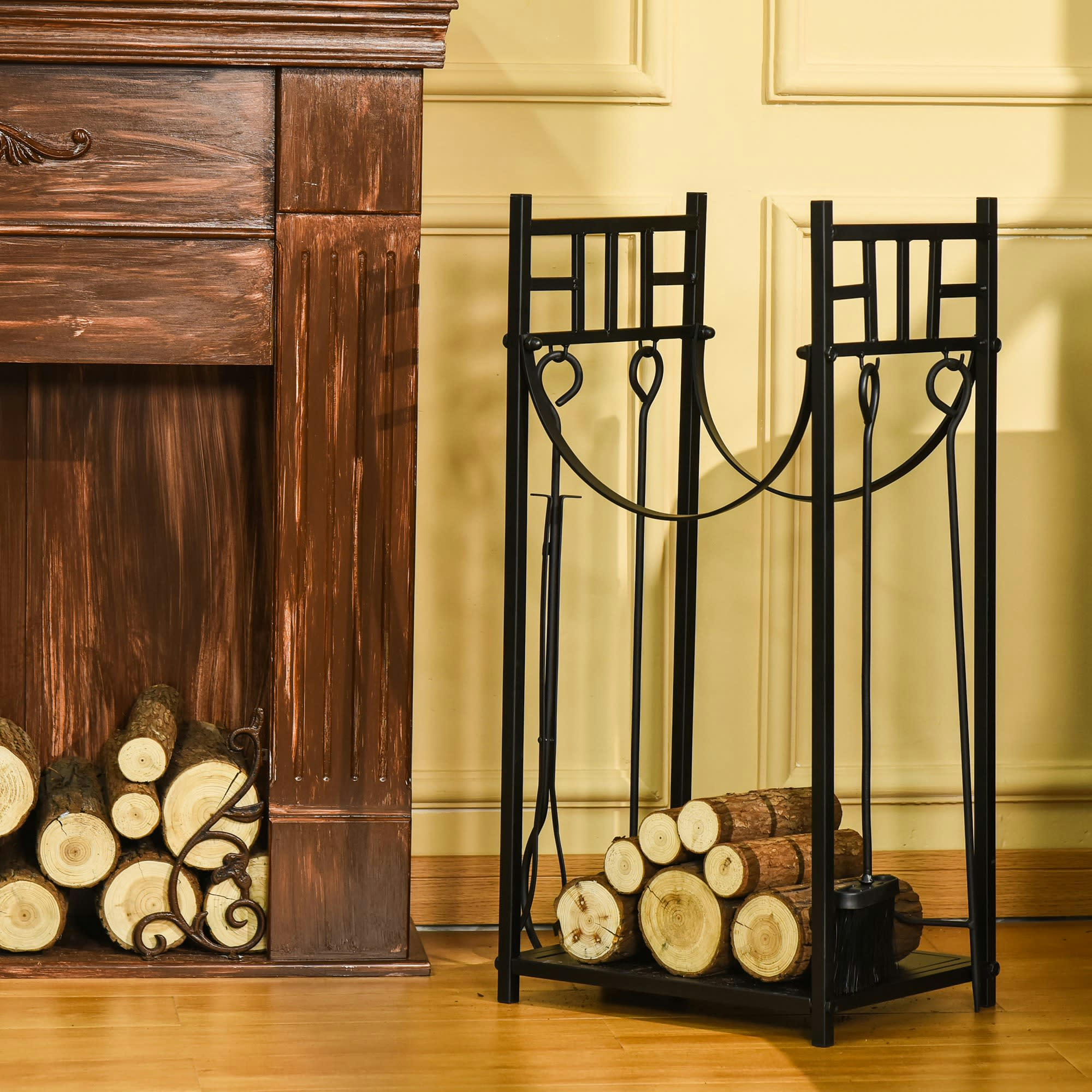 - Serviteur de cheminée range bûches 4 accessoires inclus métal noir