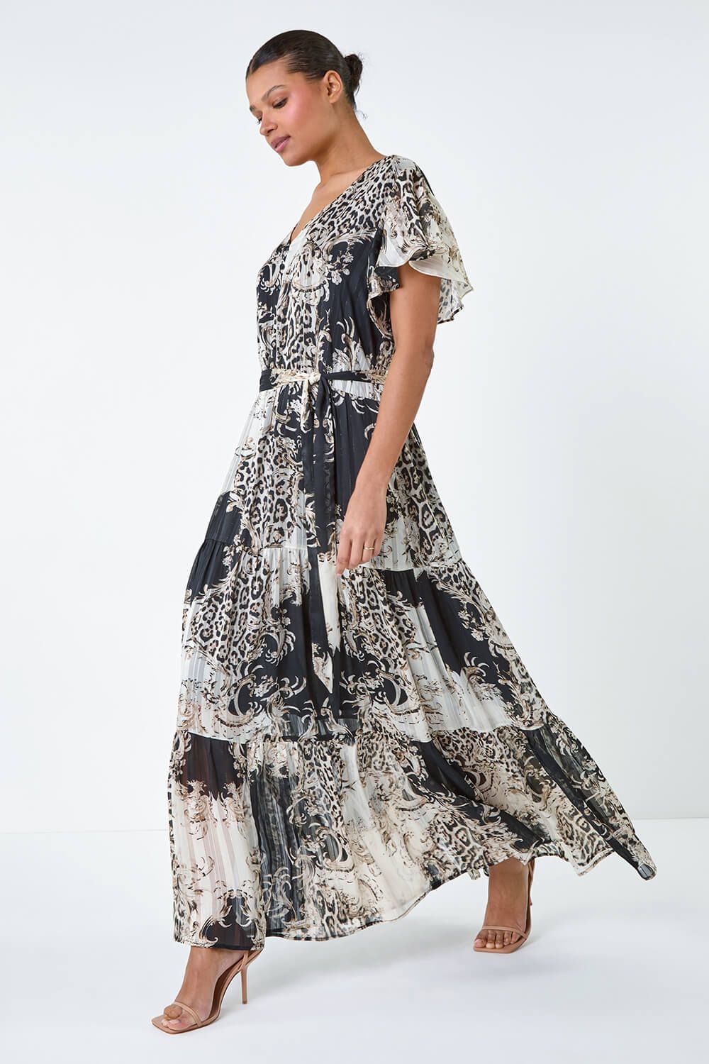 Roman Animal Print Shimmer Tiered Maxi Dress