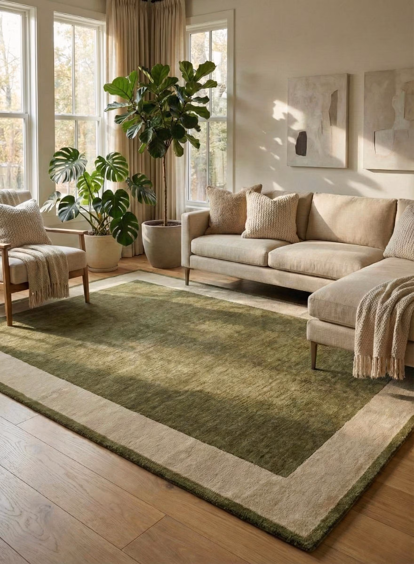 Hand Tufted Olive Green Wool Rug with Beige Border – Modern Minimalist Area Carpet