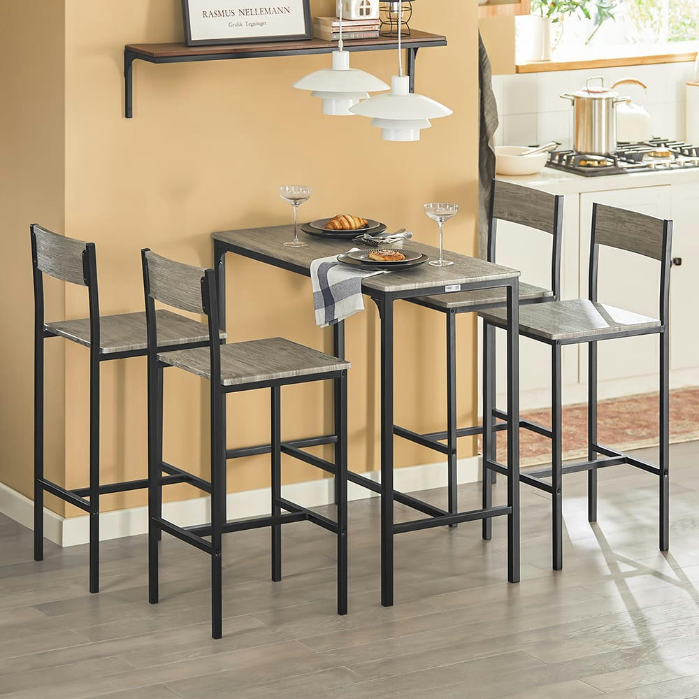 - Set de 1 table et 4 chaises de bar effet bois et métal noir