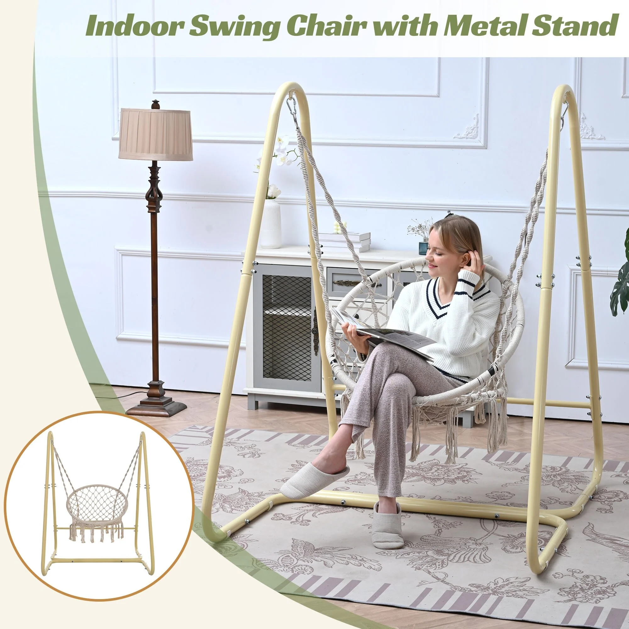Metal Frame Macrame Swing Chair with Stand and Handmade Boho Hammock, Includes Anti-Slip Pads