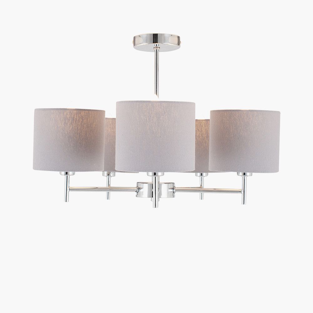 Ruma Metal and Linen 5 Arm Light Pendant Grey Ceiling Lamp