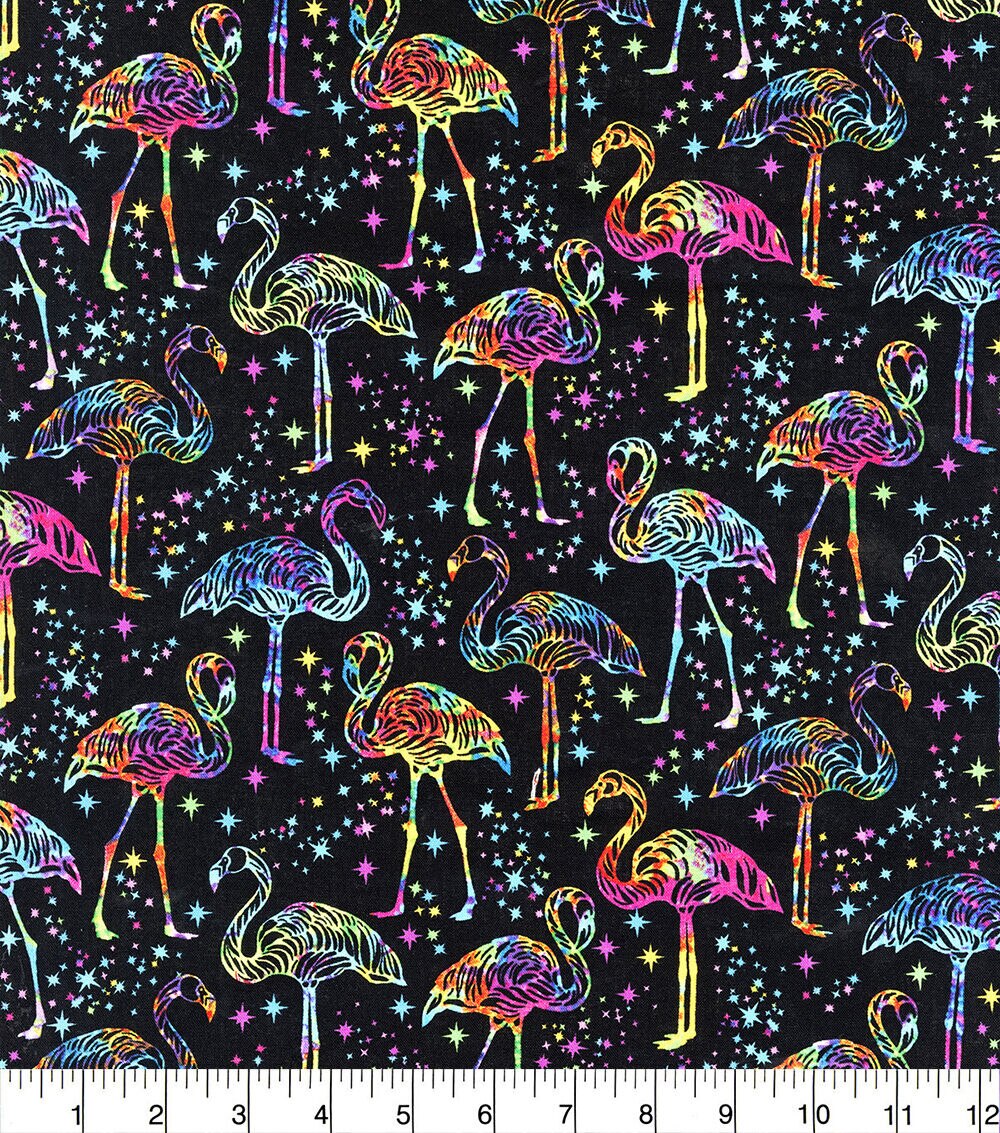 Black Multi Bright Flamingos Novelty Cotton Fabric