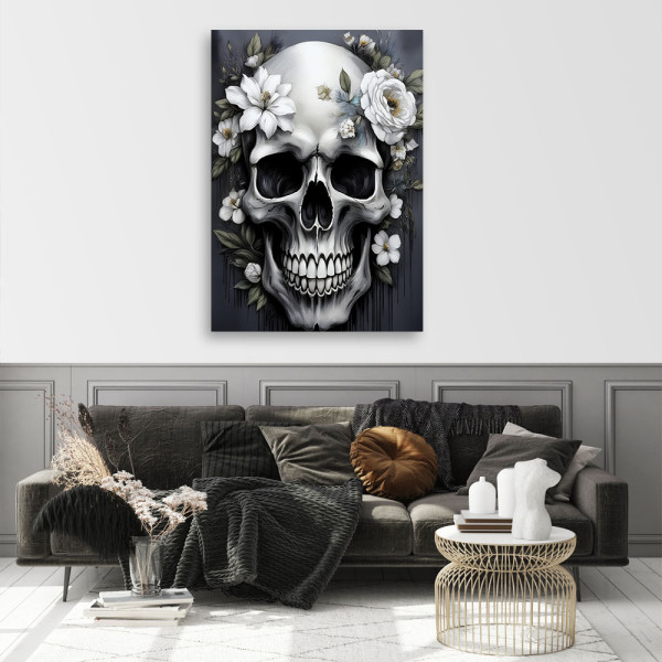 Feeby Obraz na płótnie, Czaszka z białymi kwiatami 40x60