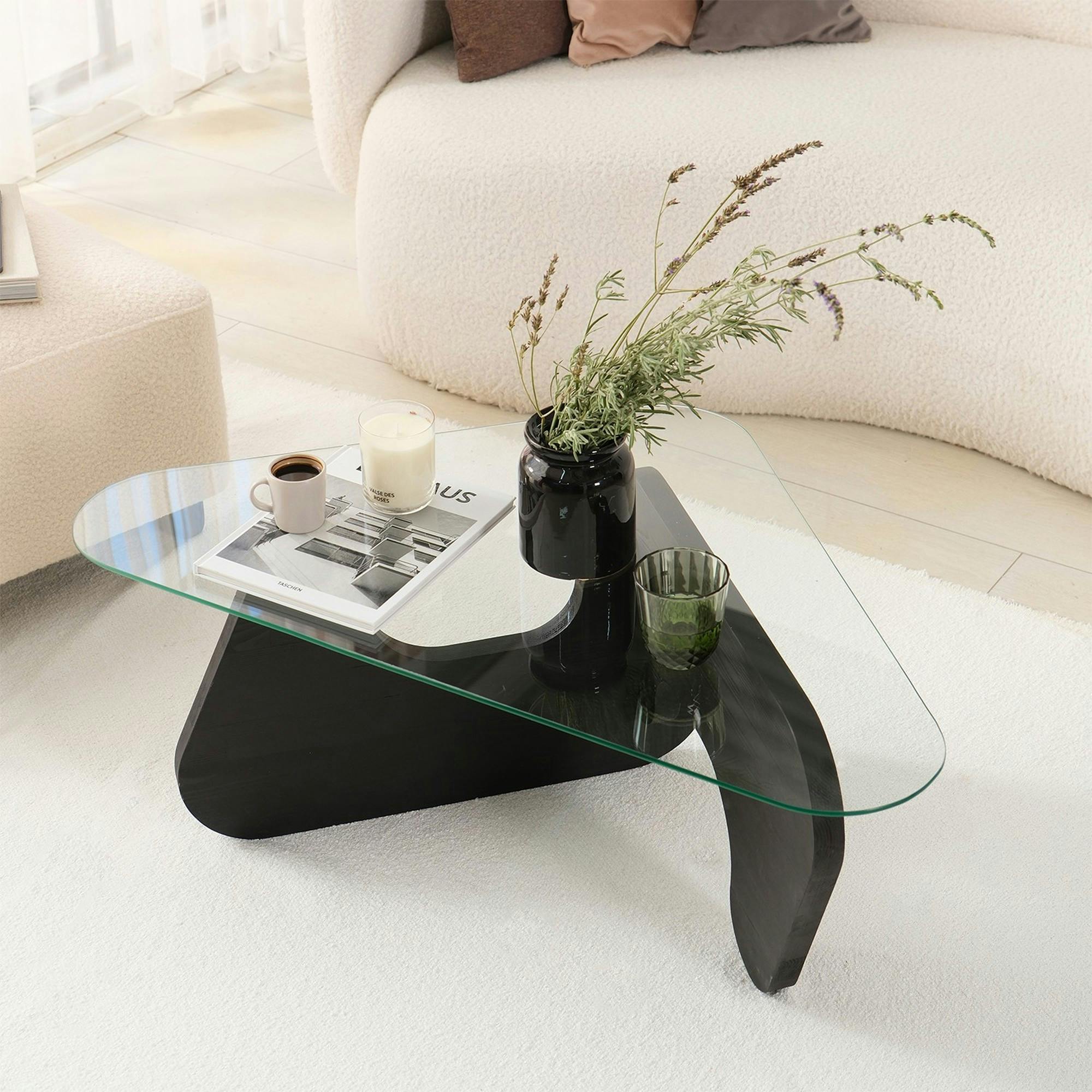 Table basse en verre - pied bois brun, forme triangle ANZIO