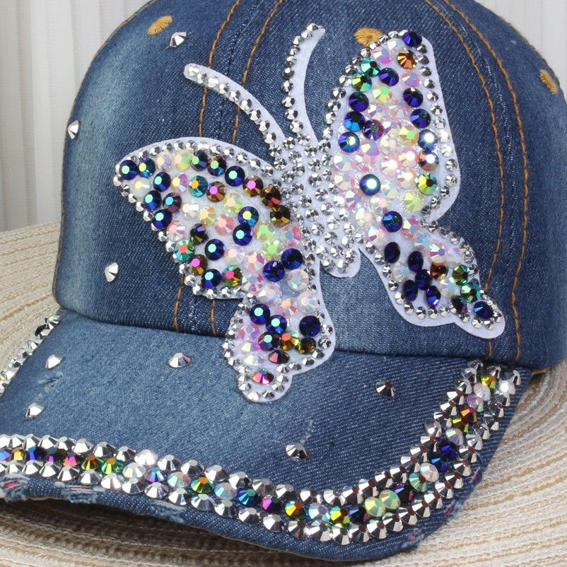 PEACH ACCESSORIES Denim Glam Butterfly Cap with Crystal Accents