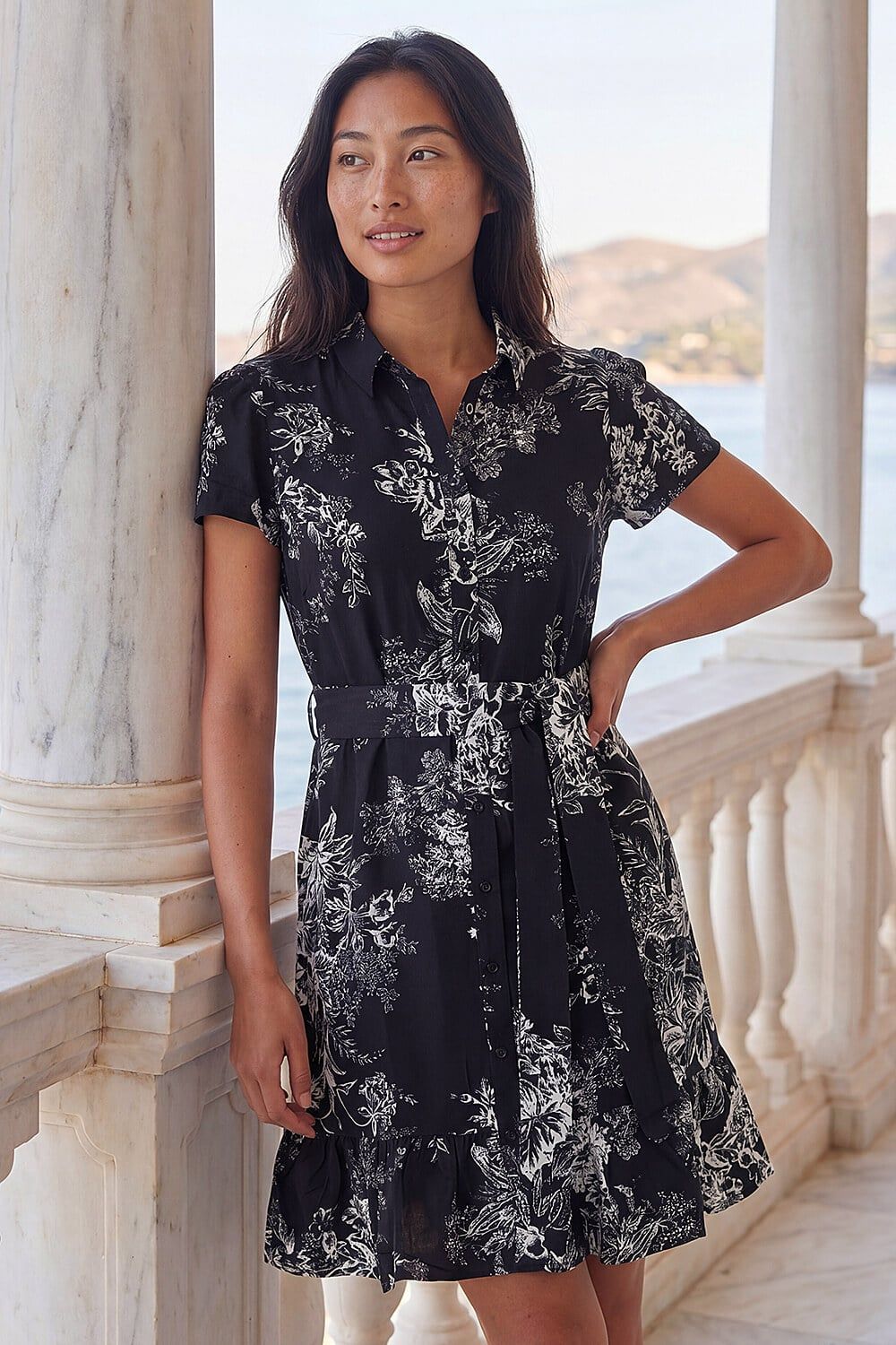 Roman Petite Floral Print Frill Shirt Dress