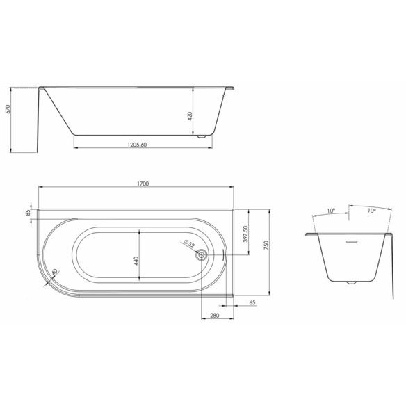 Badewanne »Mirador«, Corner rechts 1700x750 mm, weiß, inkl. Ablaufgarnitur Pop up, chrom