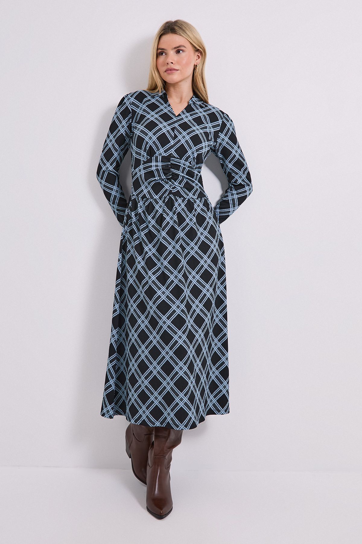 Dorothy Perkins Gingham Collared Shirred Back Long Sleeve Jersey Midi Dress