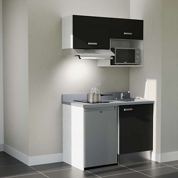 Kitchenette K02 - 120 cm - façades Noir - Plan monobloc en quartz coloris Cromo évier à droite - Electroménager Inox