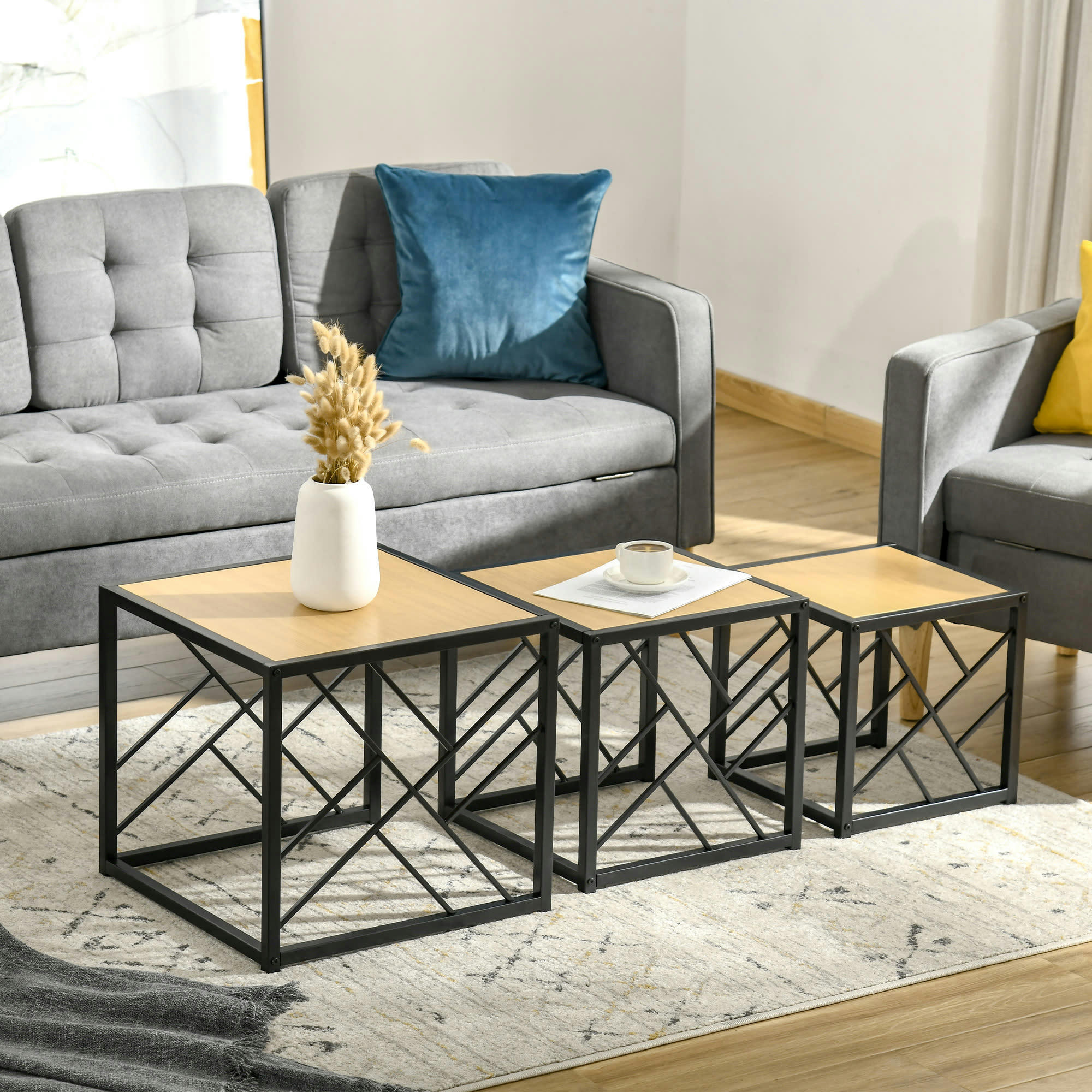 - Lot de 3 tables basses gigognes encastrables style industriel