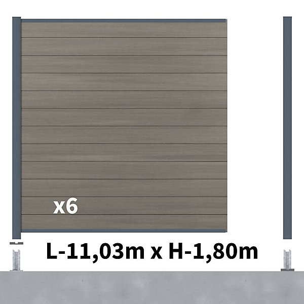 Kit clôture composite poteau sur platines - CRUZ Argent H-1,8m