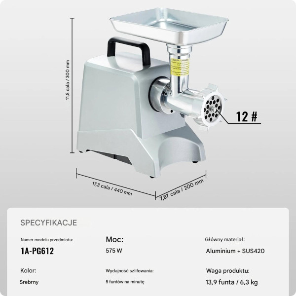Maszynka do mięsa elektryczna 2,27kg/min 575W stal aluminiowa kiełbasy