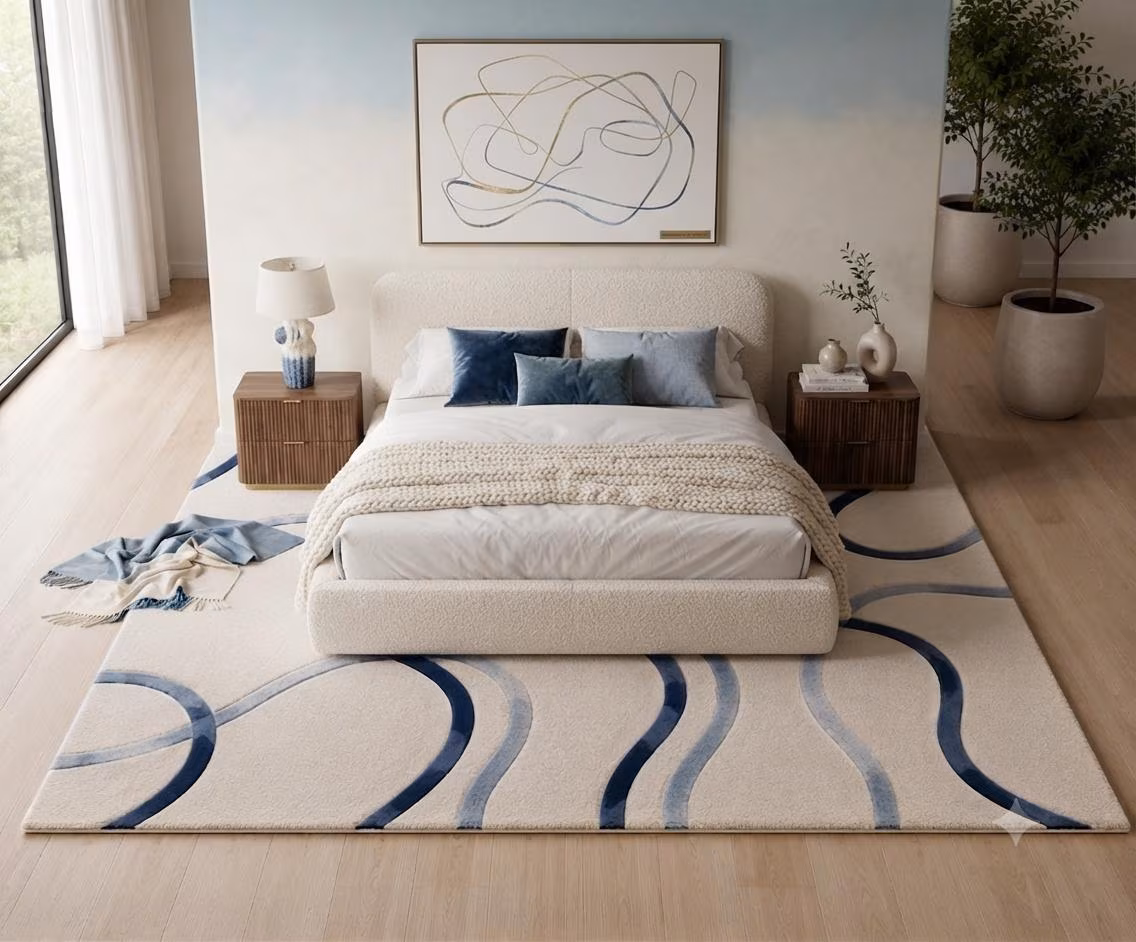 Hand Tufted Wool Rug, Navy Cream Wavy Abstract Area Carpet, Modern Minimalist Floor Decor