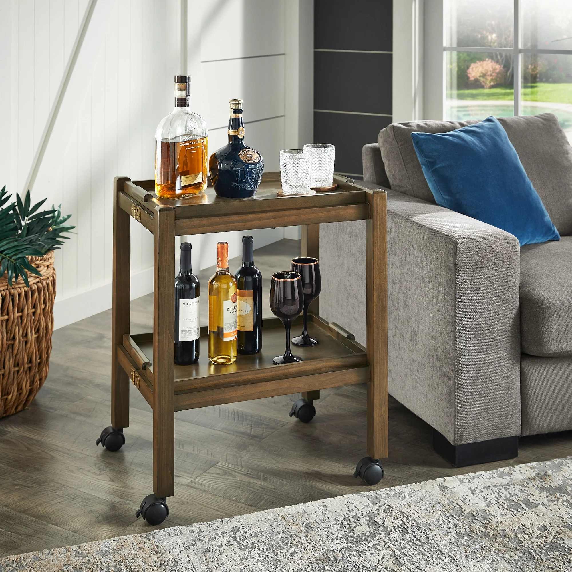 Dolores Wood Finish Folding Bar Cart with Two Detachable Trays by iNSPIRE Q Modern