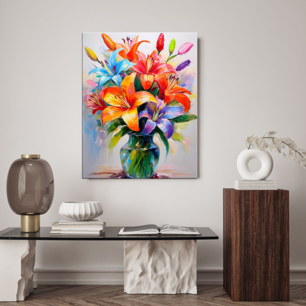 Feeby Obraz na płótnie, Kolorowe Lilie w wazonie Malowane 40x60