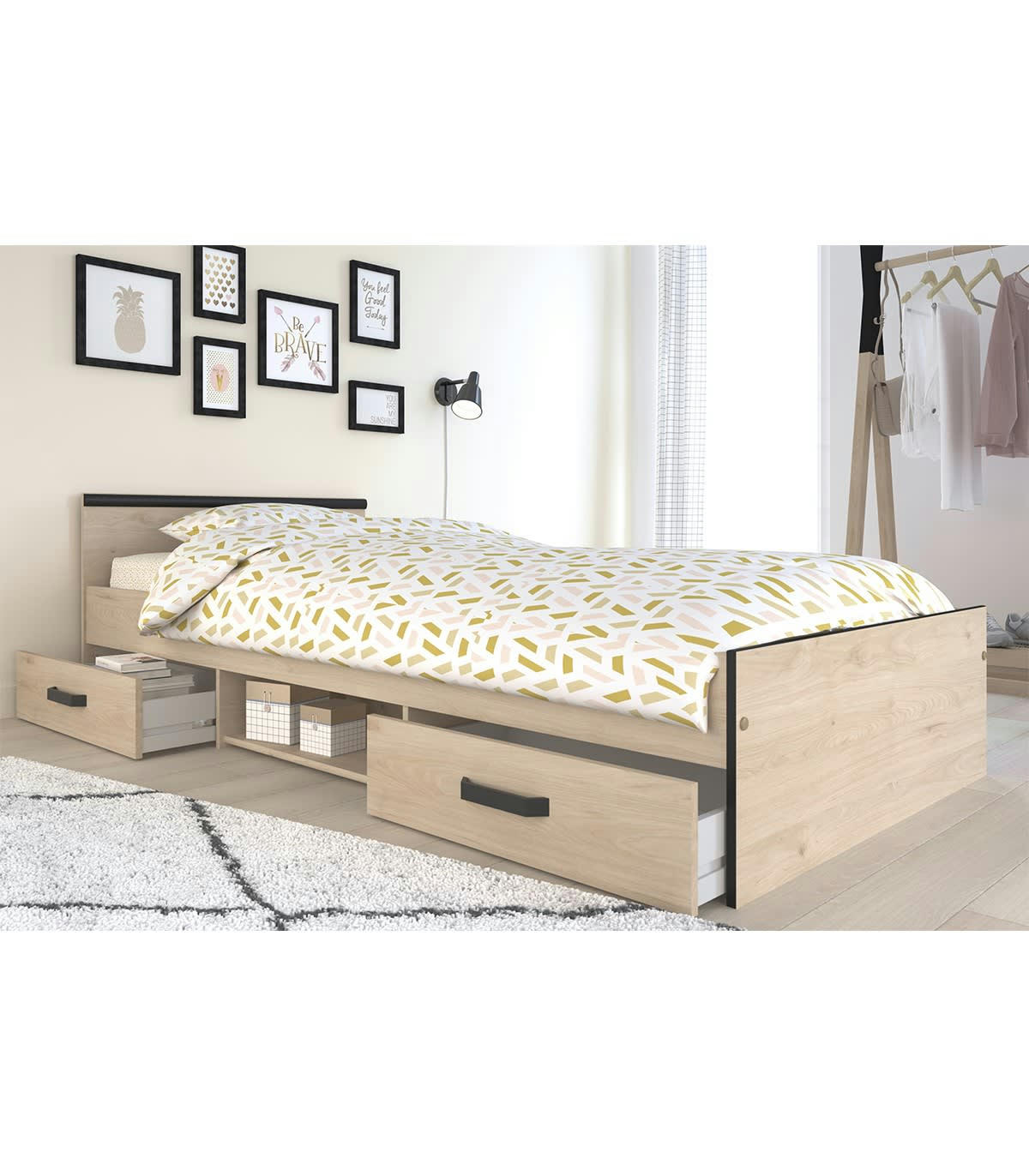 NASHVILLE - Lit avec 2 tiroirs de rangement 90x200 - Décor Chêne Jackson et Noir