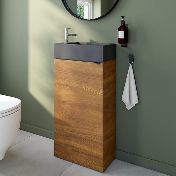Meuble lave-mains à poser effet noyer l.44 cm Imandra   plan vasque béton gris, GoodHome
