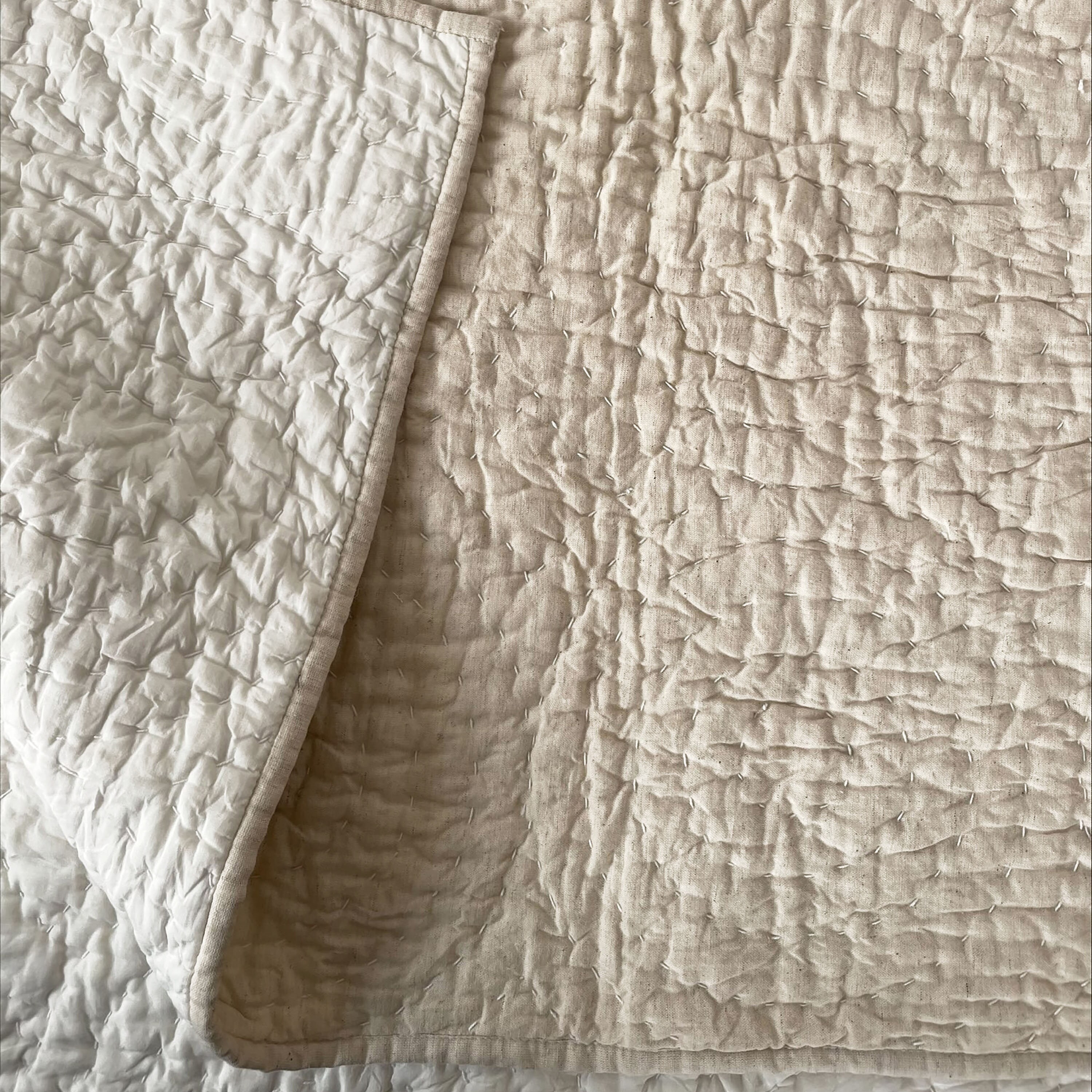 BEIGE cotton linen Kantha Quilts with circle pattern quilting, Sizes available