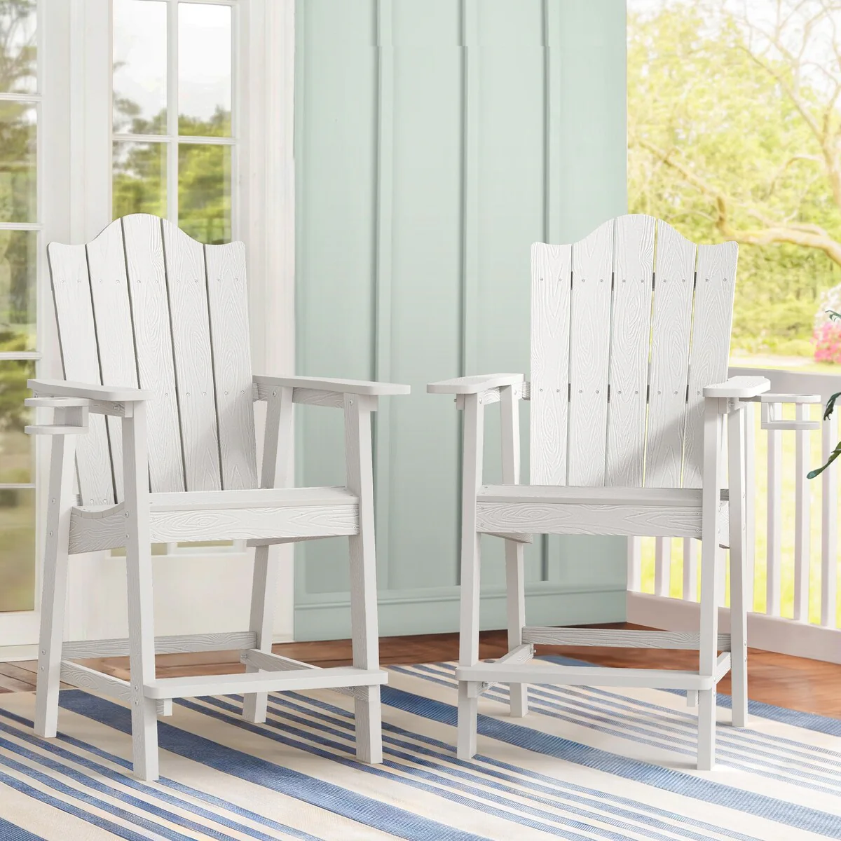 LUE BONA Outdoor HDPS Weather Resistant Tall Adirondack Chairs Patio Bar Stools With Cup Holder (Set of 2)