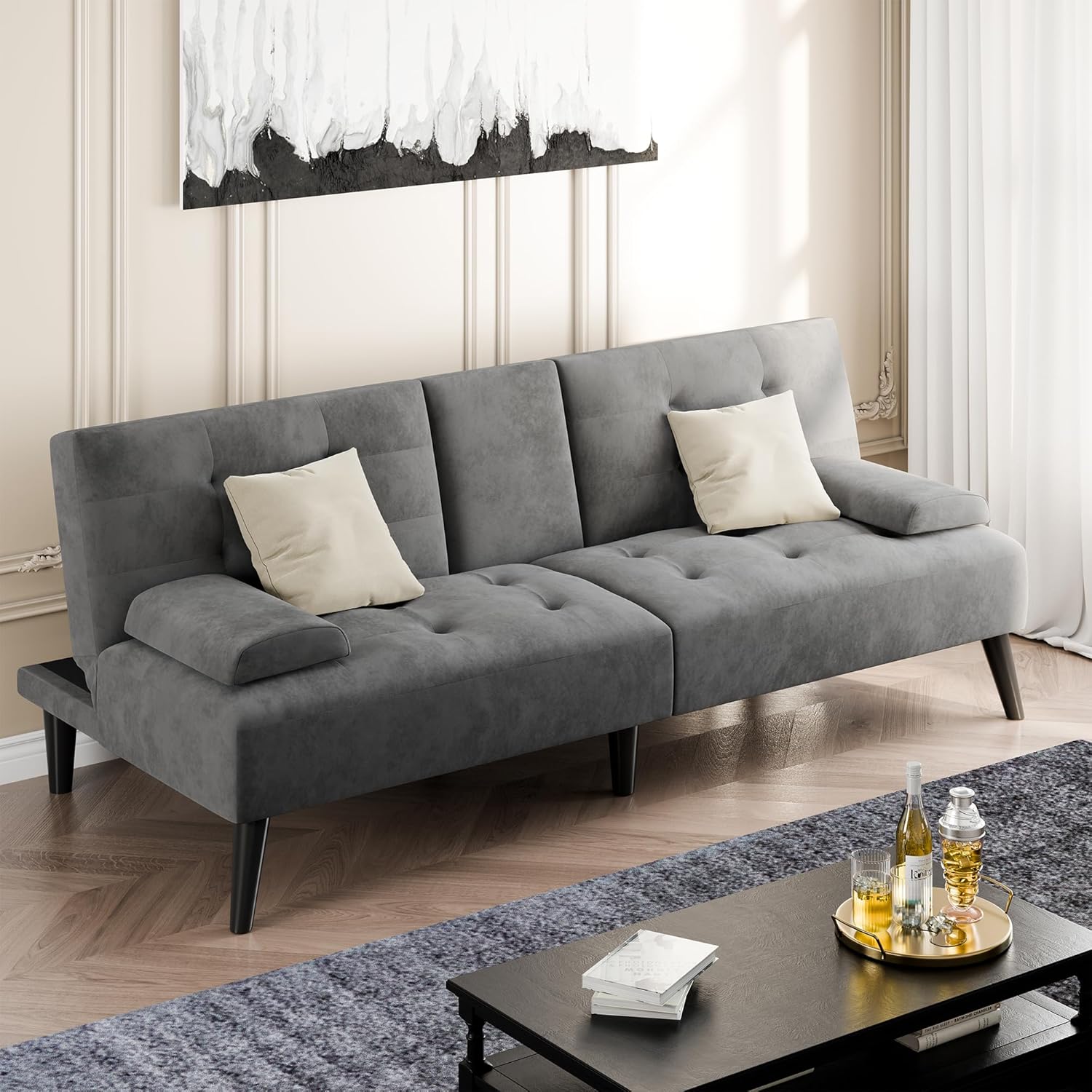 Shintenchi Futon Sofa Bed, Velvet Foldable Couch, Reclining Sleeper with Removable Armrests, Upholstered Loveseat Sofa Couch with Folding Cup Holders for Home, Office, Dark Grey
