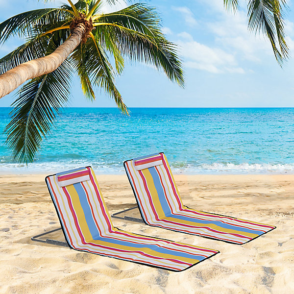 Lot de 2 tapis de plage rembourrés - dossier inclinable 5 positions - sac transport inclus - acier polyester multicolore