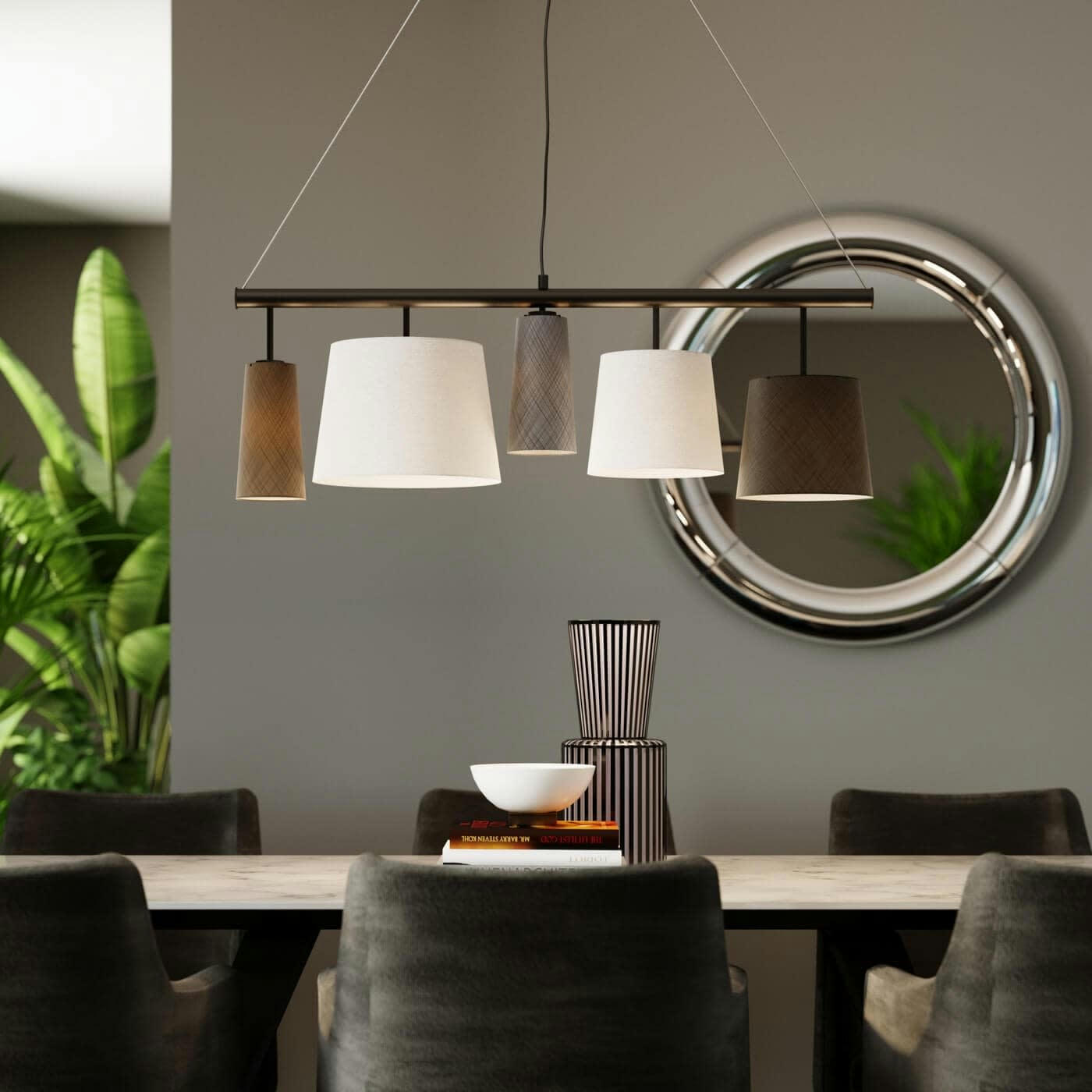 PARECCHI - Suspension 5 abat-jours en tissu noir, gris et blanc