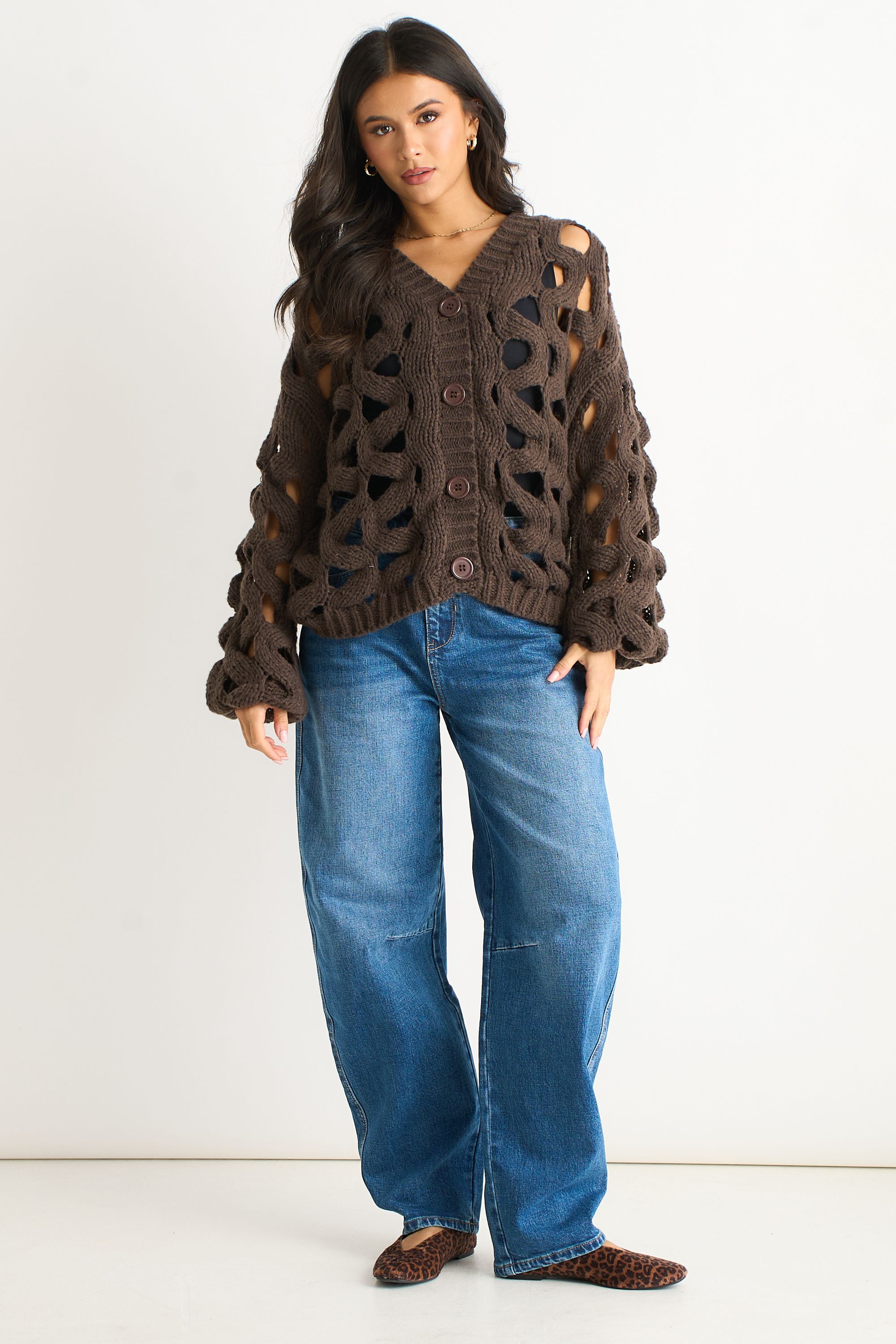 Gini London Chocolate Hollow Chunky Knit Cardigan