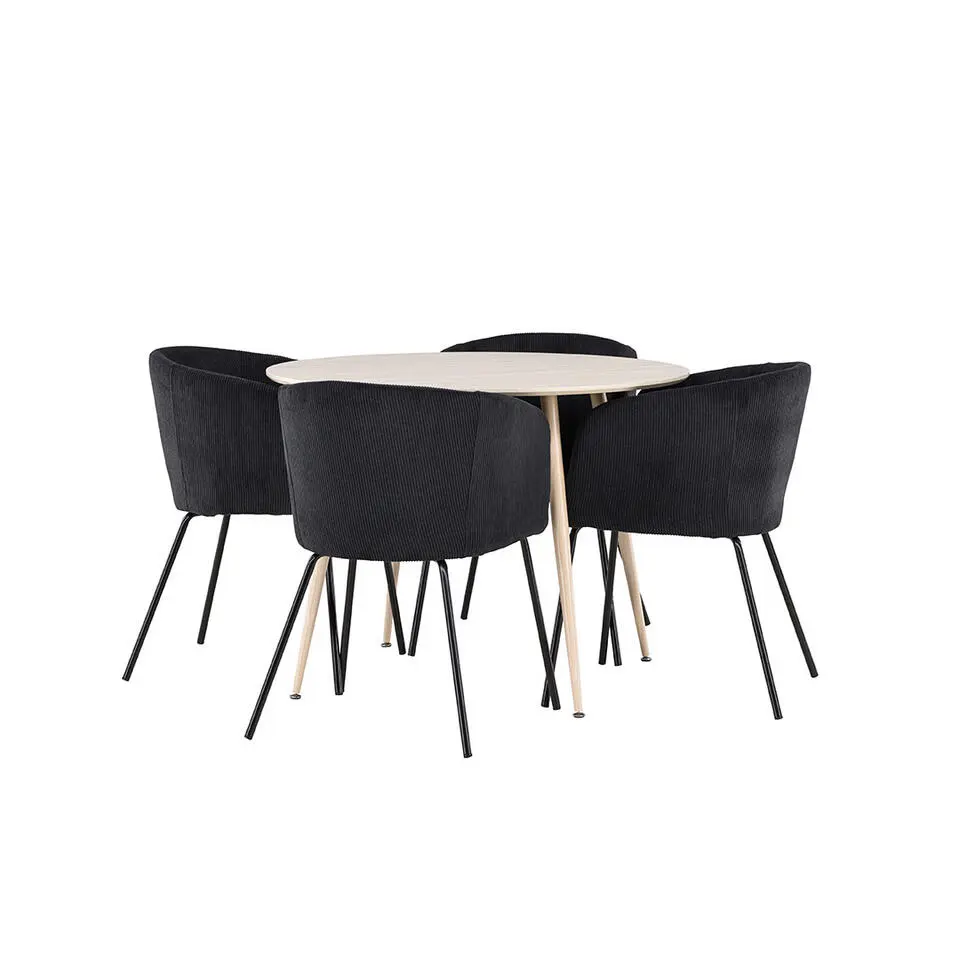 Hioshop Plaza eethoek tafel &Oslash;100cm en 4 fluwelen stoelen met armleuningen