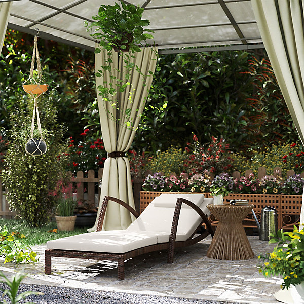 Bain de soleil transat style colonial résine tressée - inclinable, 2 roulettes, accoudoirs - matelas tétière beige