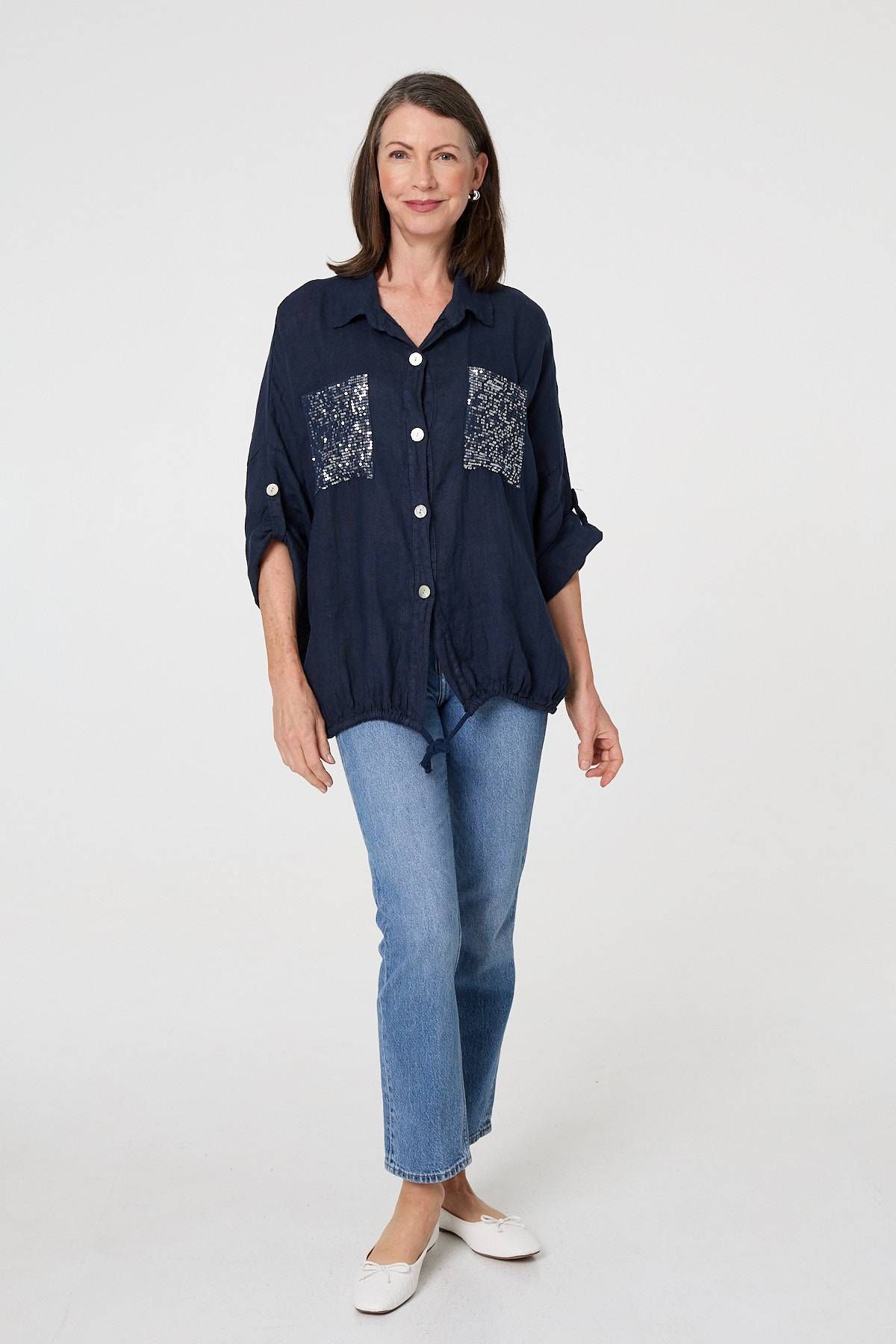 Izabel London Sequin Detail 3/4 Turn-Up Sleeve Shirt