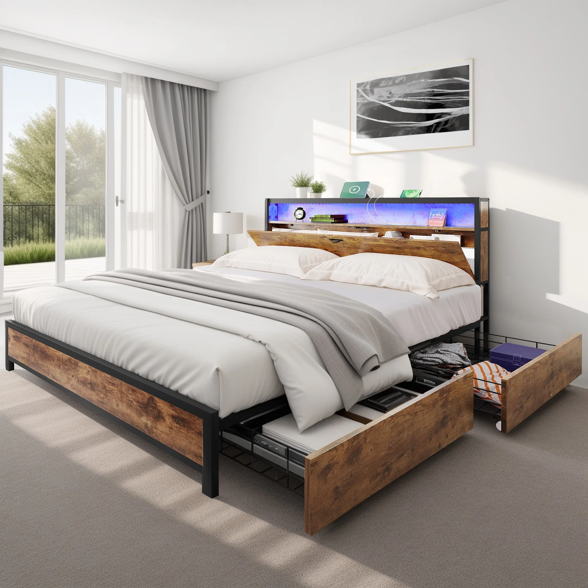 Queen Bed Frame Wooden Storage Headboard Platform Bed with LED、4 Drawers and Charging Station