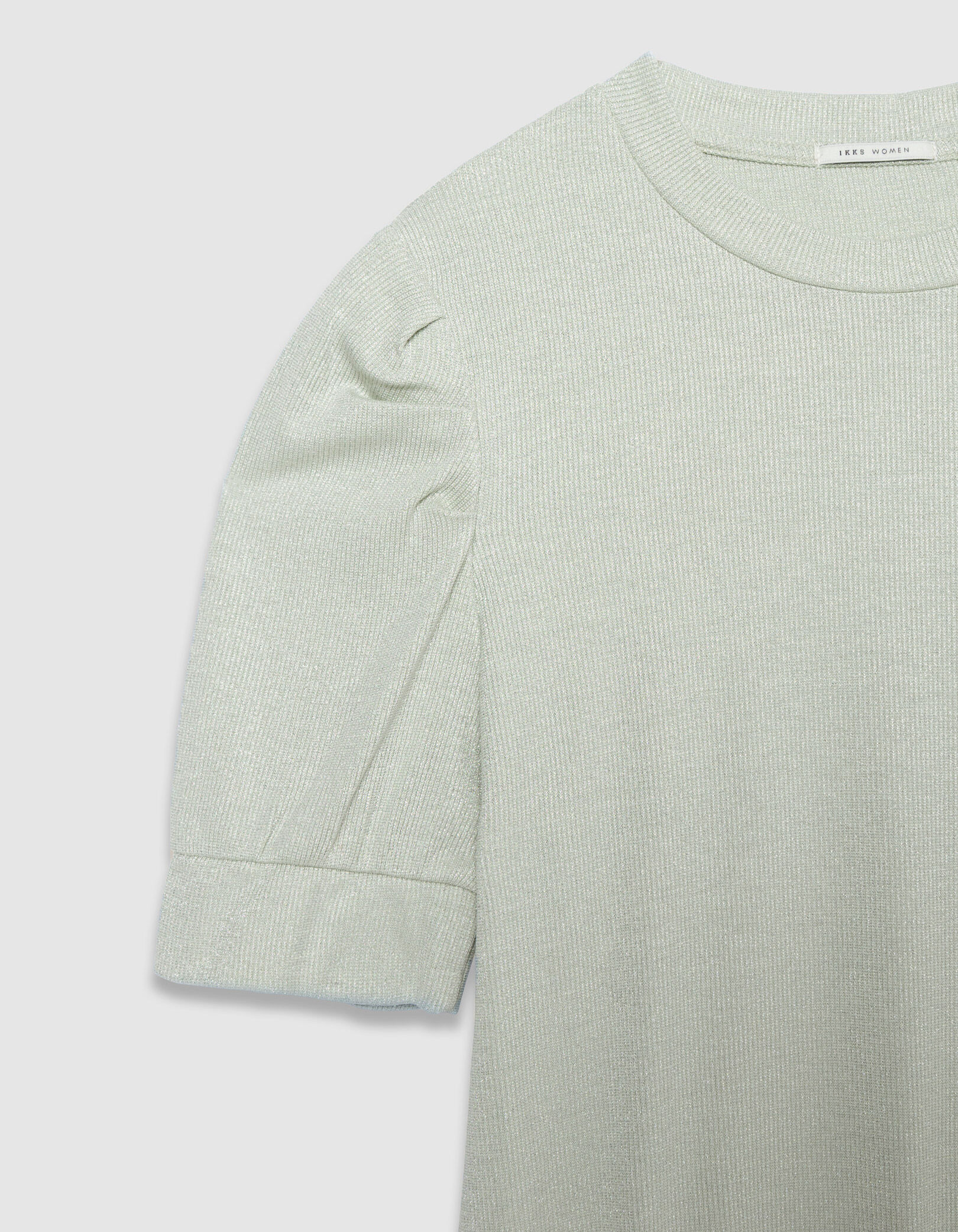 Tee-shirt col rond vert pailleté manches froncées Femme