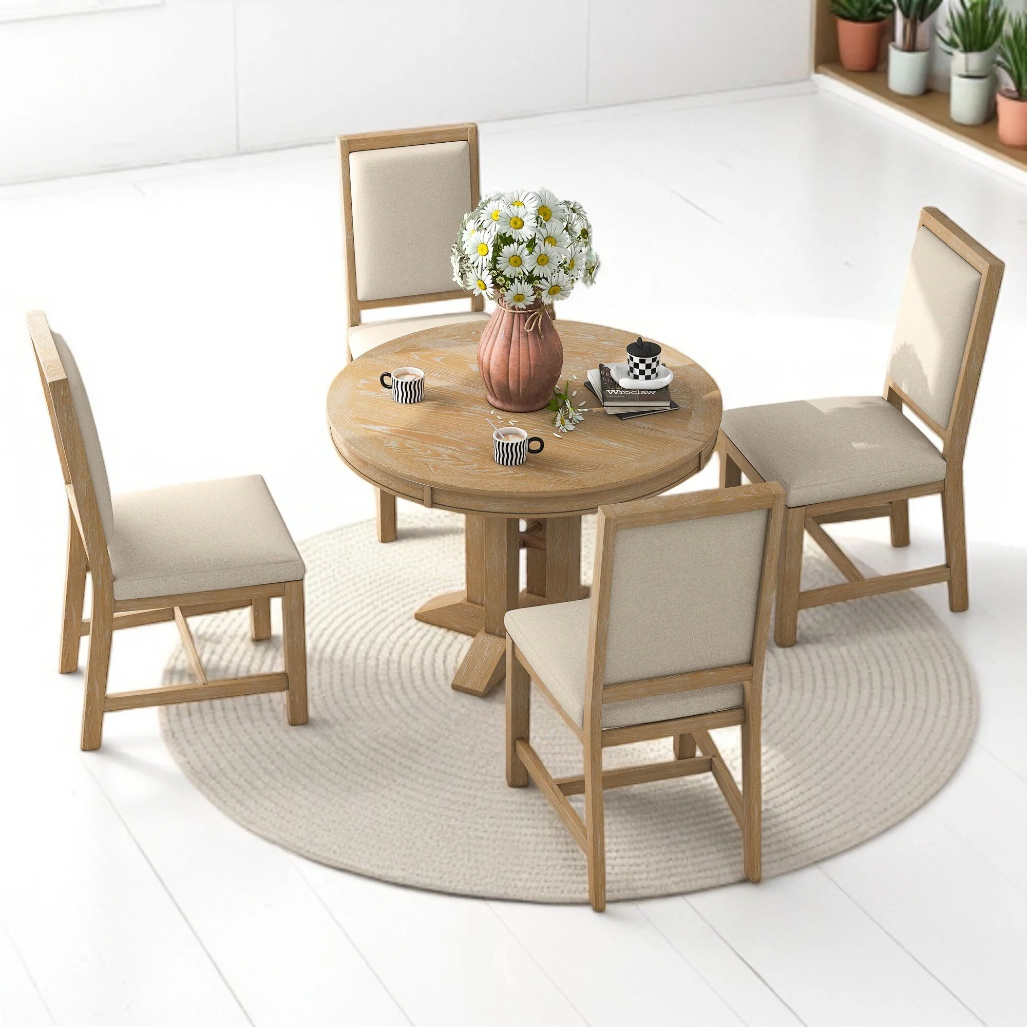 5-Piece Dining Table Set with Extendable Round Table, 4 Upholstered Chairs, MDF & Rubber Wood Frame, Kitchen Set for Dining Room