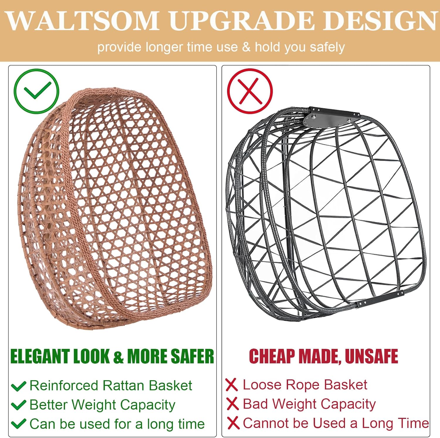 Double Swing Egg Chair with Stand, Hexagon Rattan Wicker Swing Chair Outdoor, Large 2 Person Patio Hanging Chair with Foldable Loveseat Removable Cushions (Beige)