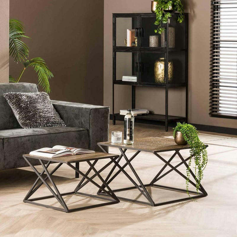 EUGENIE - Table basse industrielle carrée en métal bronze antique (lot de 2)