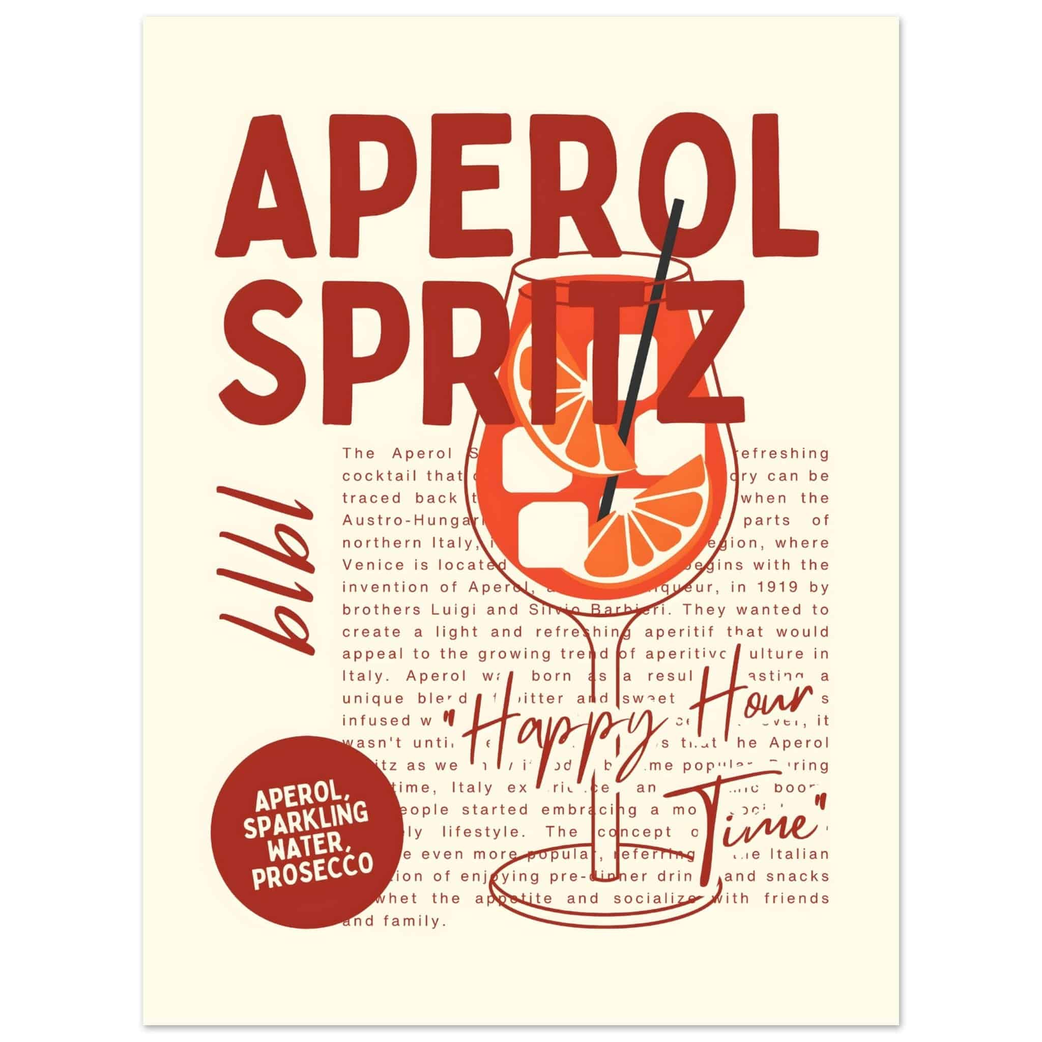 Artfulprints Poster Aperol Spritz - Happy hour  - 30x40 cm - Rood