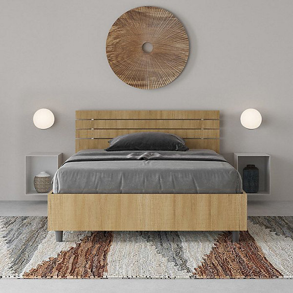 Lit coffre 120x200 avec tête de lit inclinée à lattes en chêne Ankel