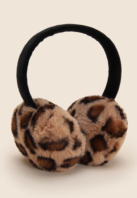 Womens Brown Faux Fur Animal Print Earmuffs