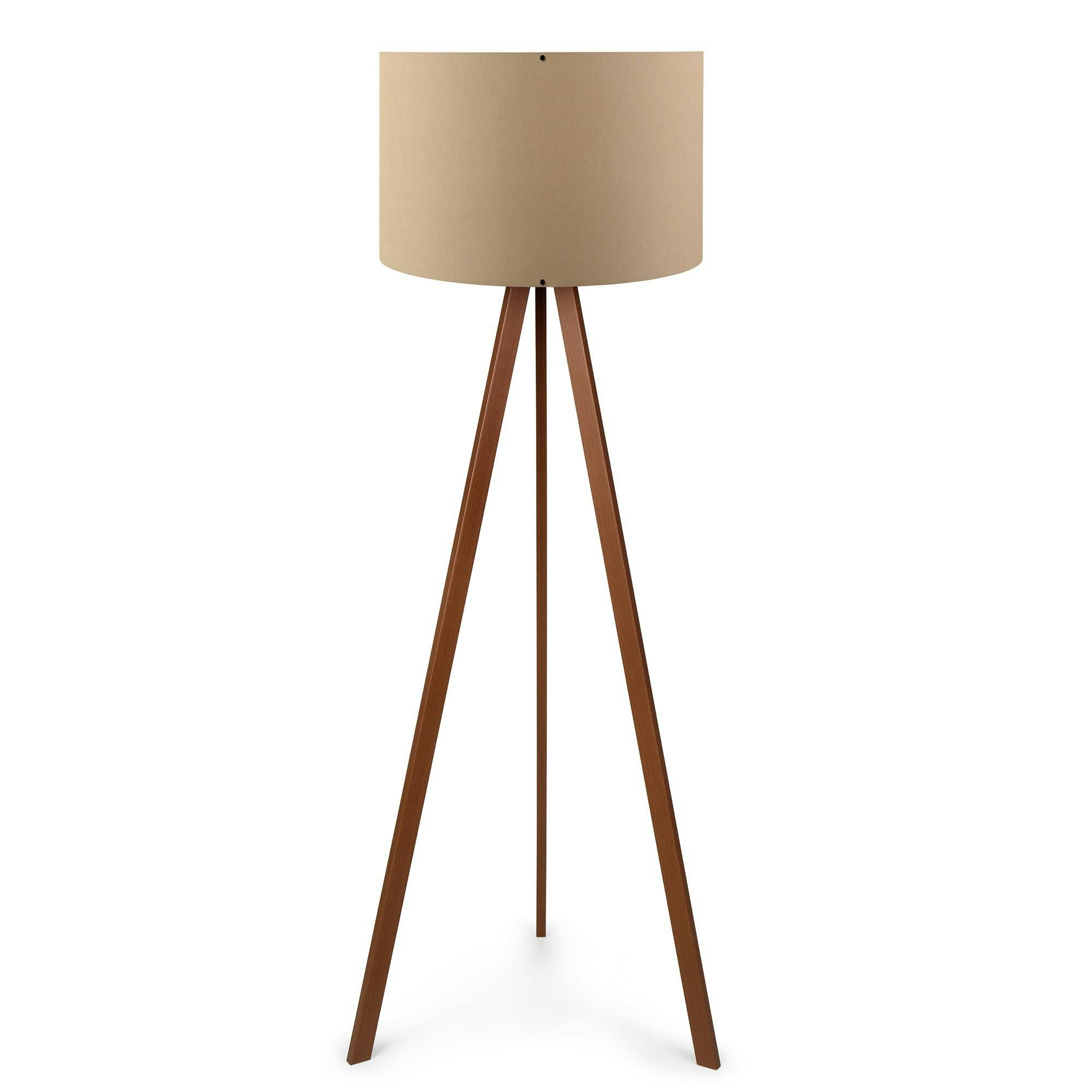 Lampadaire trépied effet bois noyer, abat-jour beige KILIS