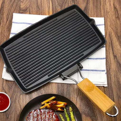 SOGA 2-Pack 20.5cm Rectangular Cast Iron Griddle Pans with Folding Wooden Handles