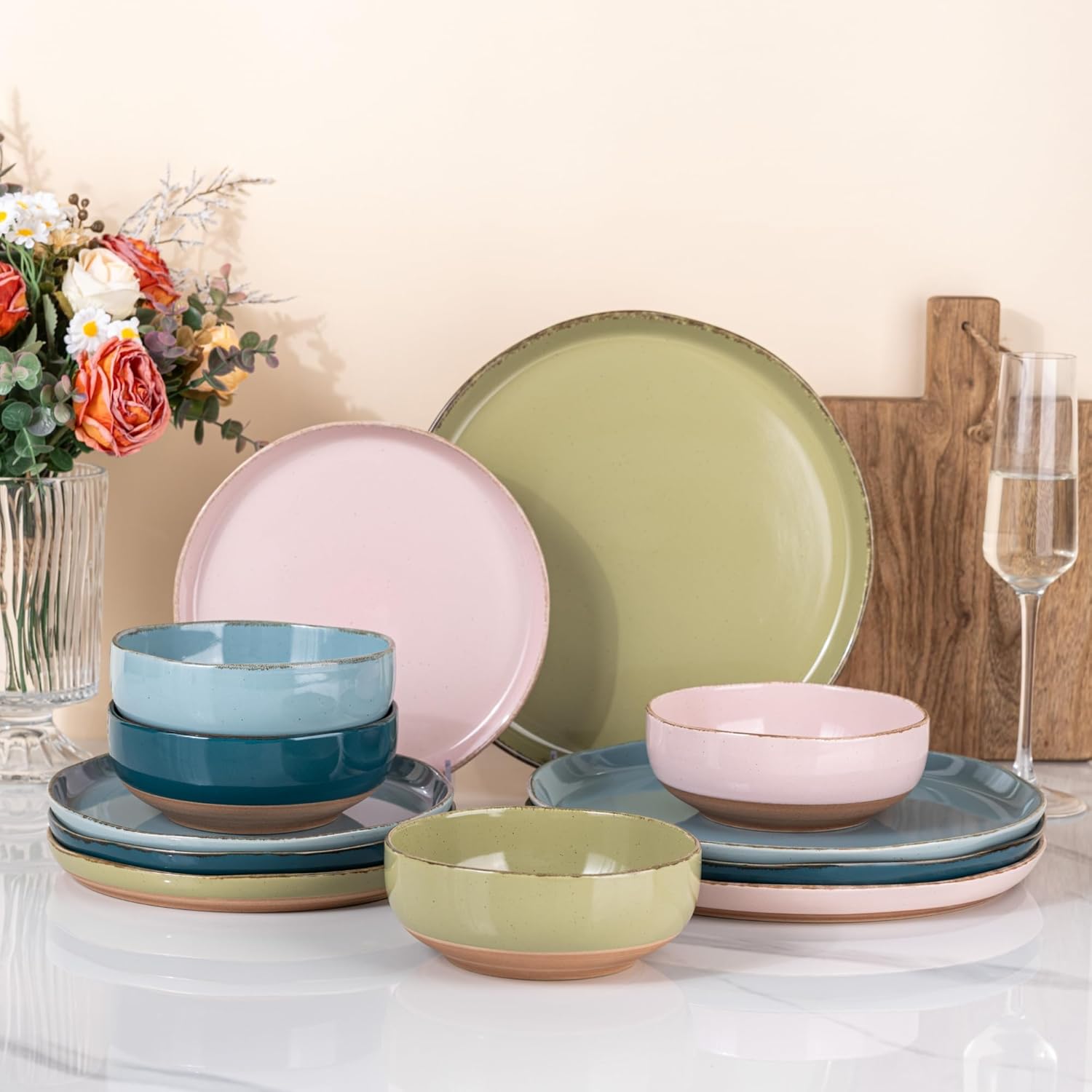 AmorArc Ceramic Dinnerware Sets for 4, 12 Pieces Handpainted Plates and Bowls Set with Rustic Terracotta Underside, Scratch Resistant Stoneware Dishes Set, Dishwasher & Microwave Safe, Multi-Color