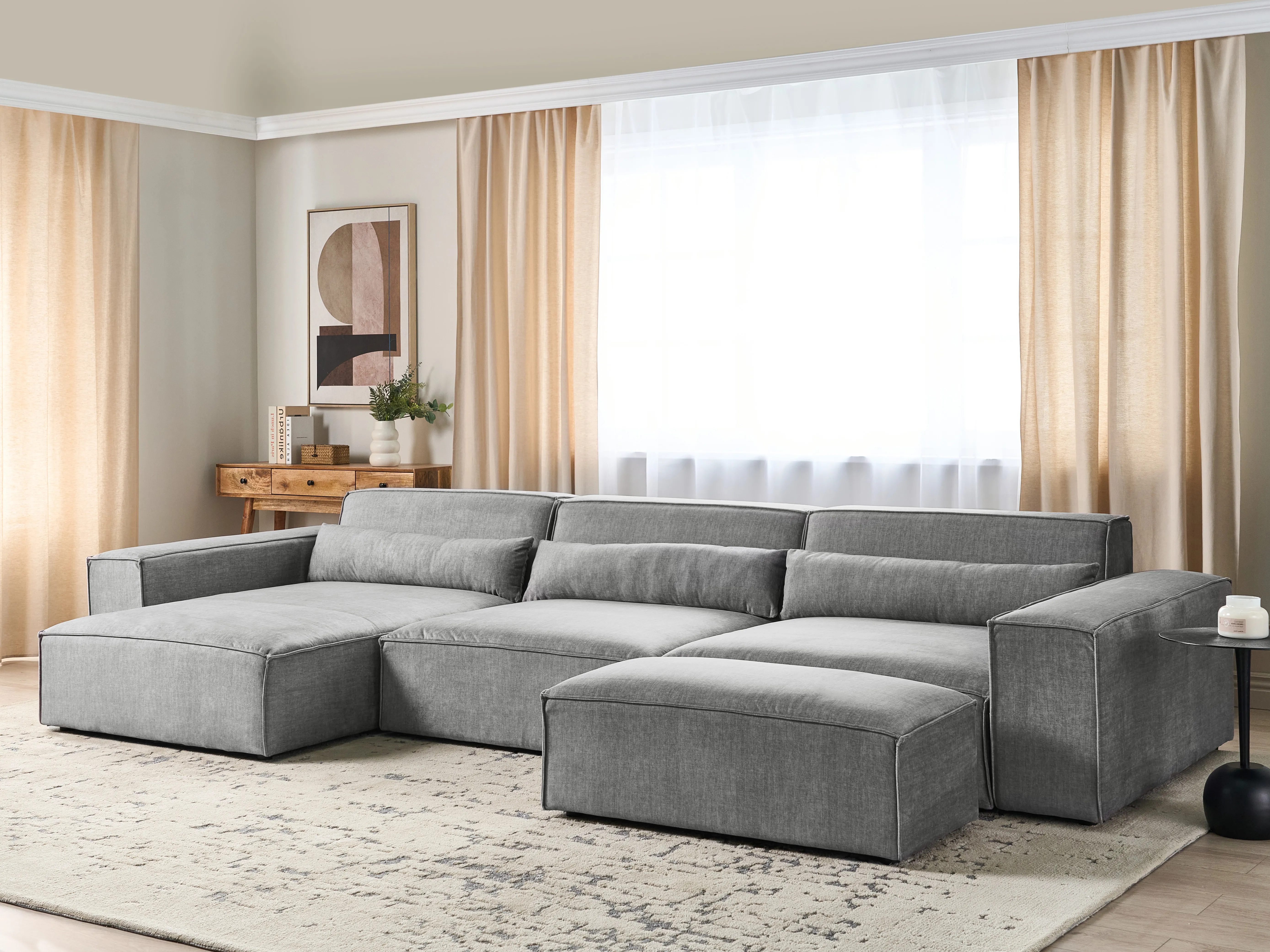 Modular Corner Sofa 5 Seater HELLNAR Fabric Grey with Ottoman Right Hand