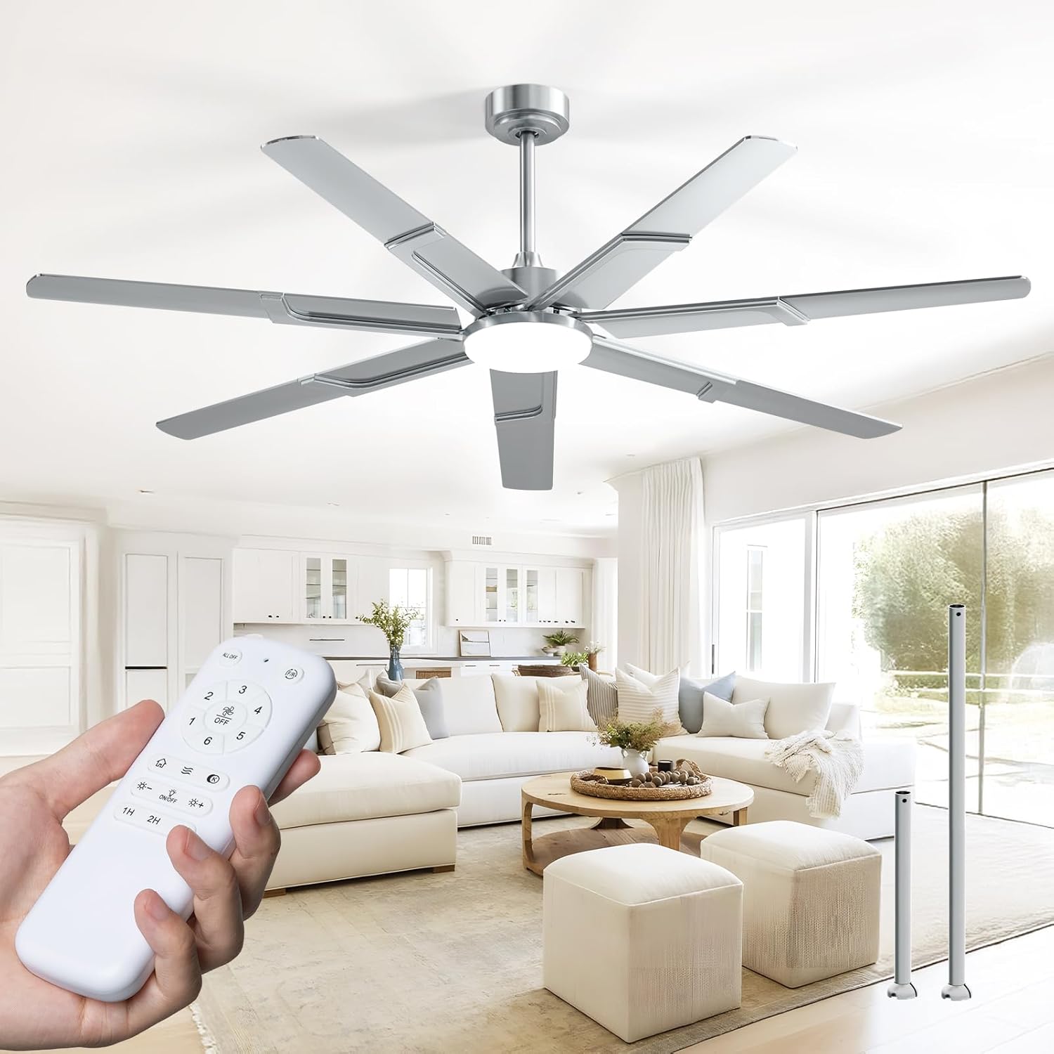Amico Ceiling Fans with Lights,66 inch Nickel Ceiling fan with Light and Remote, 6 Speed Reversible DC Motor, 3CCT, Dimmable, Quiet, Timer, Outdoor Ceiling Fan with Light for Patios, Indoor/Outdoor
